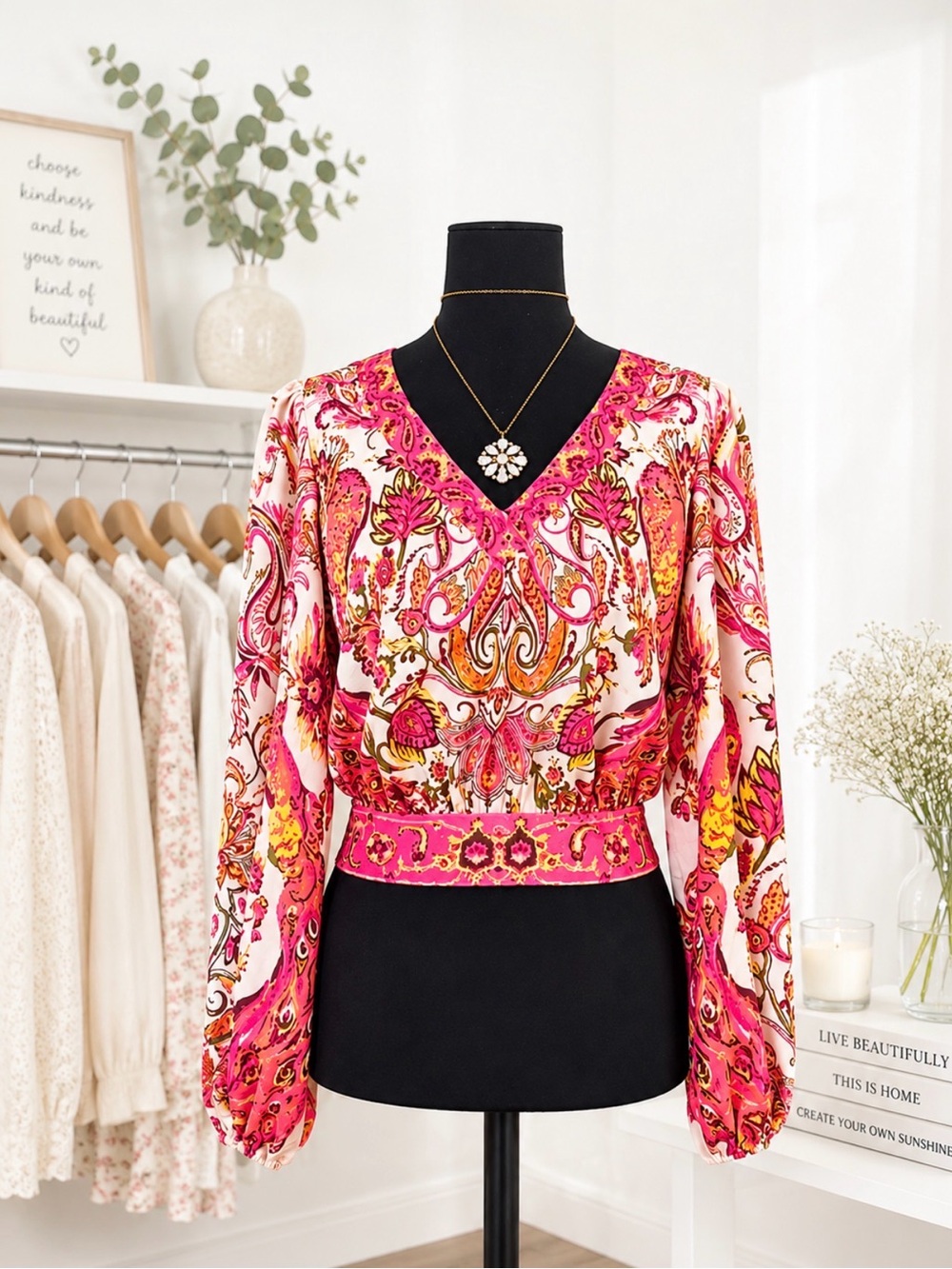 A PEACH Vibrant Pink Paisley Floral Print Long Sleeve Backless V-Neck Top